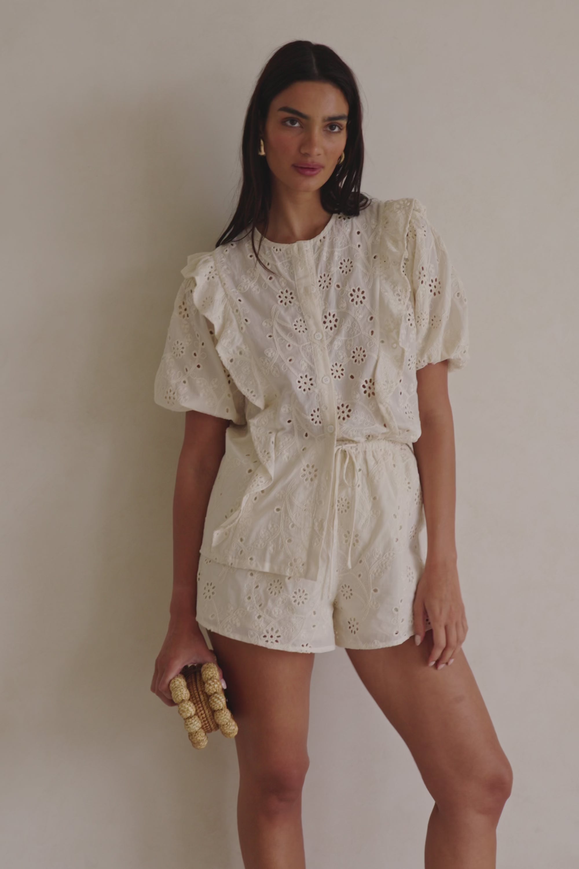 Beige Broderie Drawstring Wynter Shorts