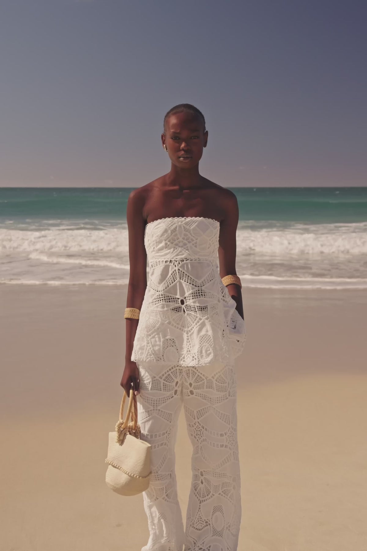 White Embroidered Cutwork Wide Leg Donna Pants