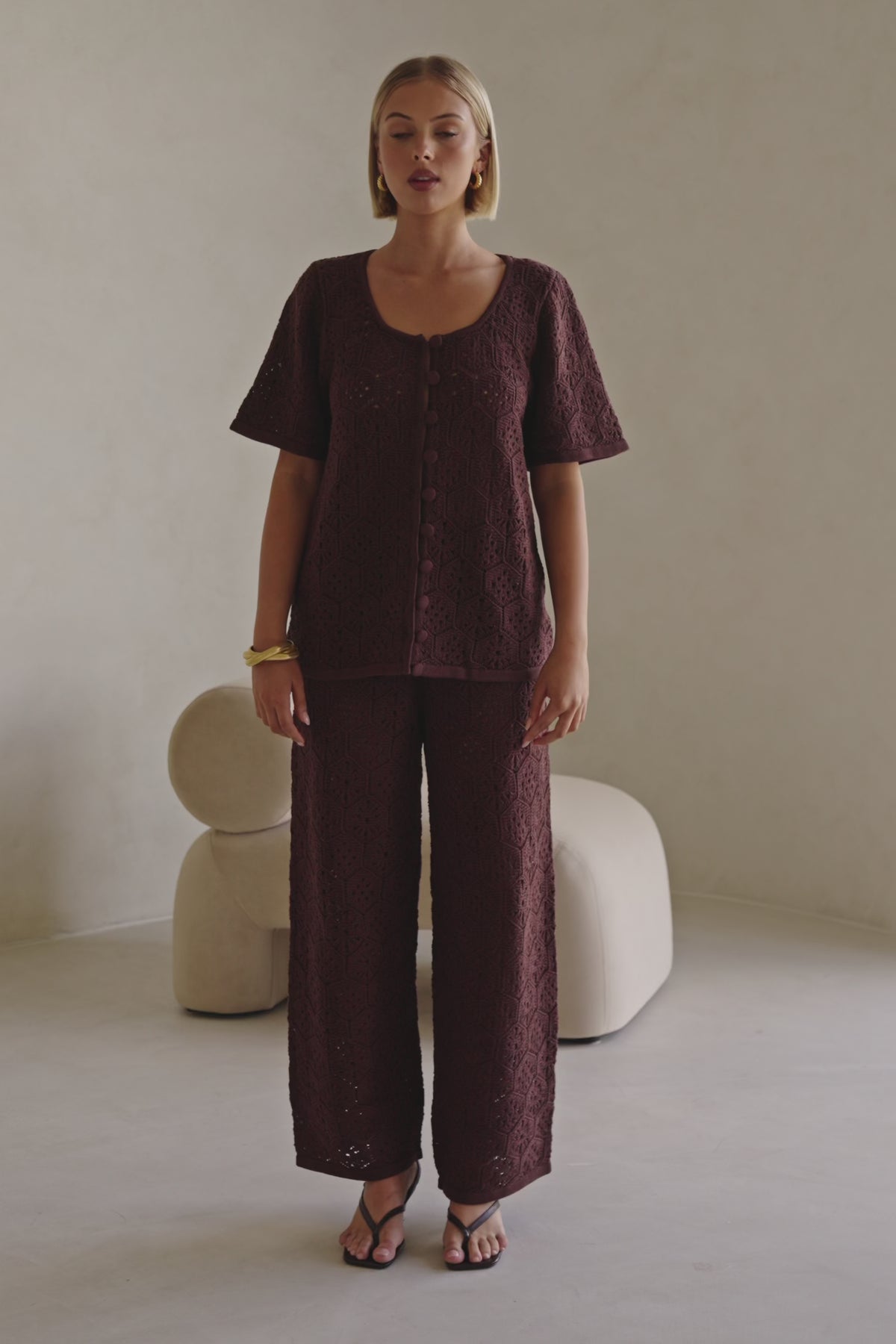 Brown Crochet Knit High Waist Umiko Pants