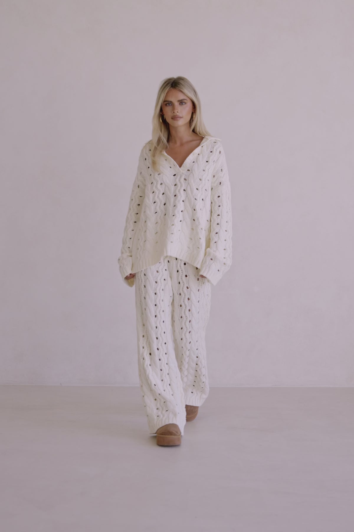 Cream Cable Knit Long Sleeve Collar Elana Sweater