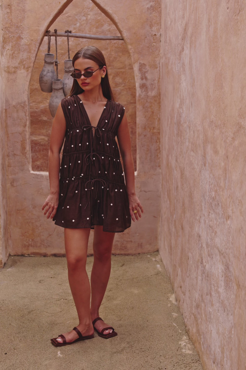 Chocolate Speck Polka Dot Gathered Mini Joslin Dress