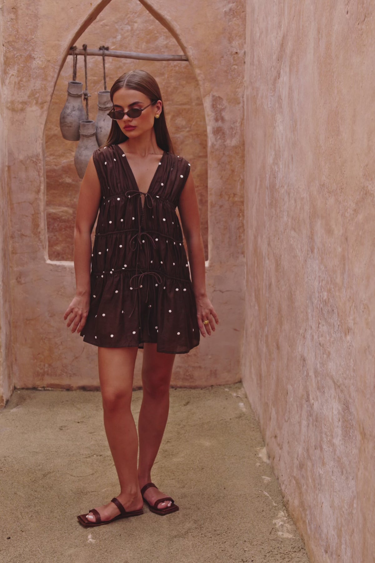 Chocolate Speck Polka Dot Gathered Mini Joslin Dress
