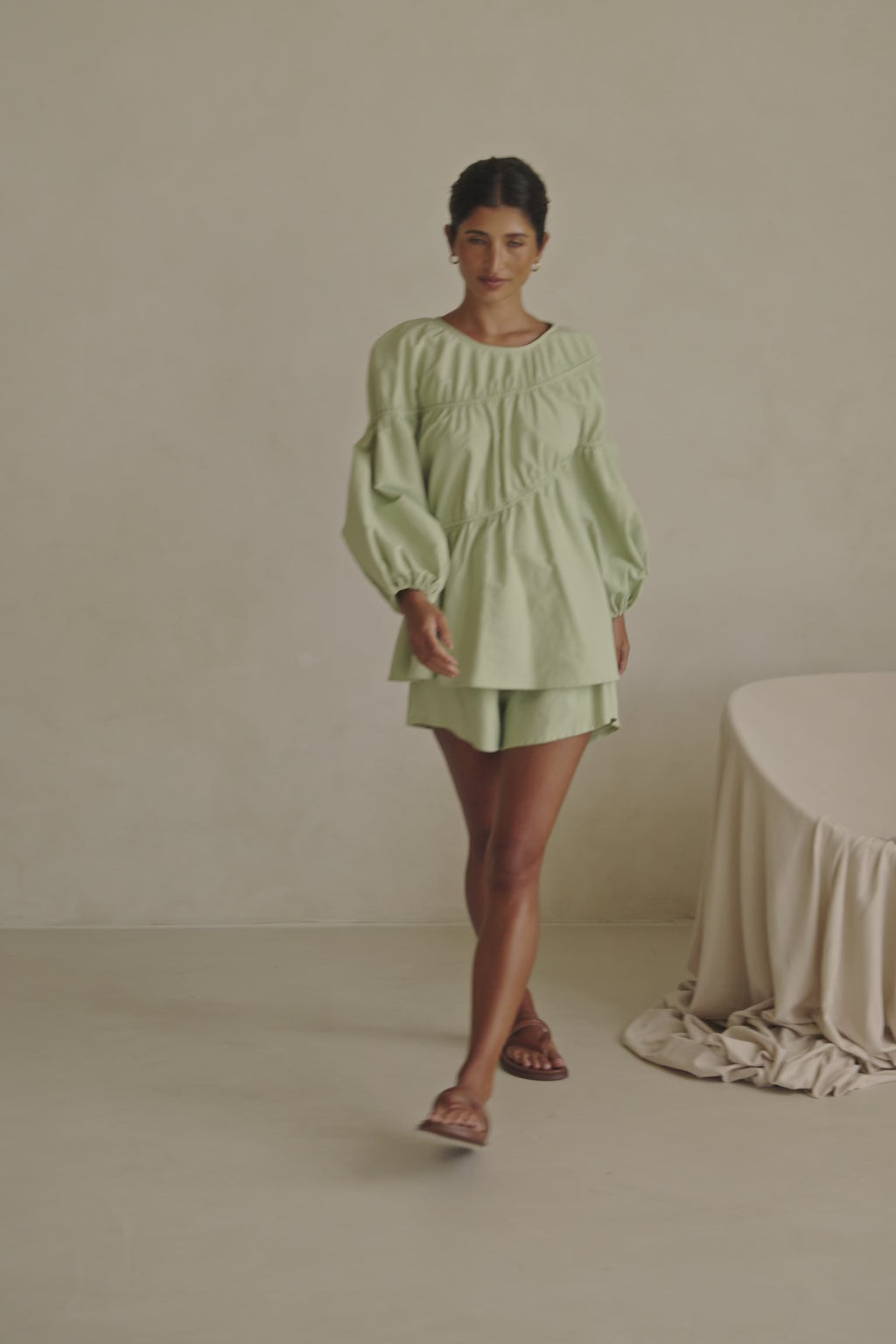 Akel Long Sleeve Flounce Top - Mint, Green