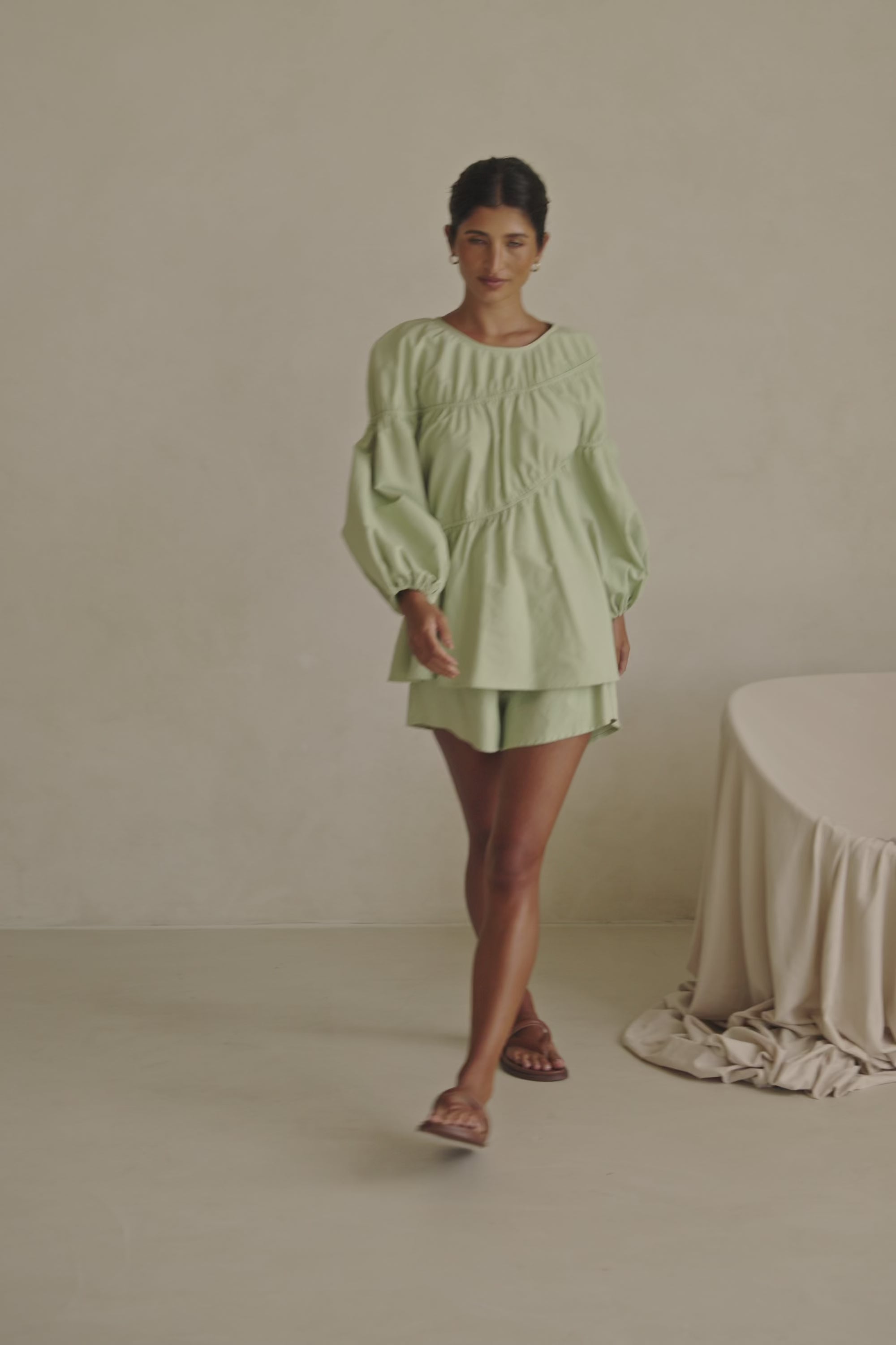 Akel Long Sleeve Flounce Top - Mint, Green