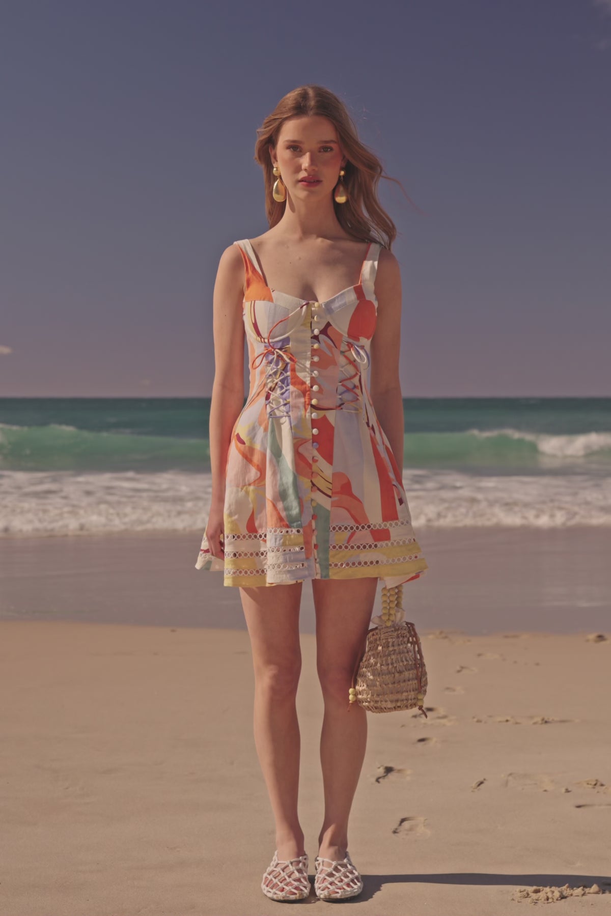 Orange Estivo Dusk Print Lace Up Mini Camille Dress