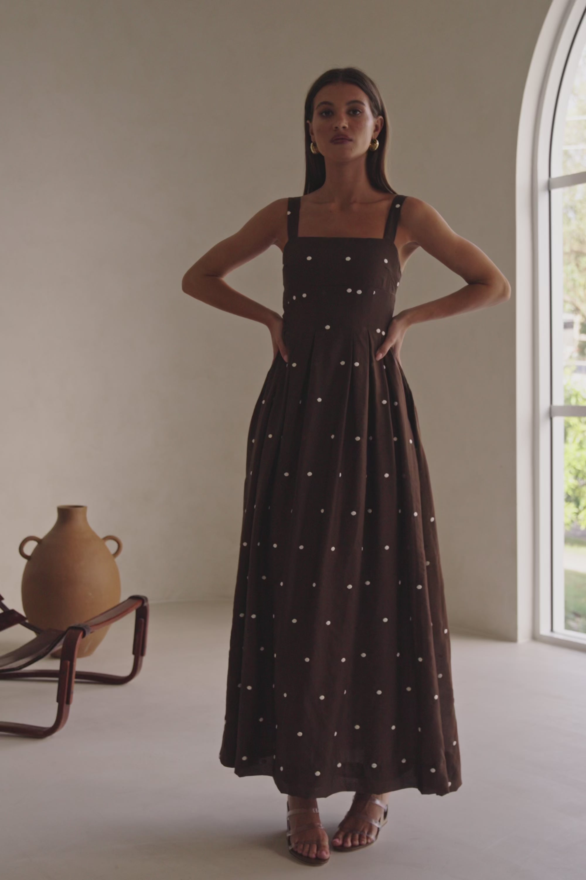 Chocolate Speck Polka Dot Pin Tuck Maxi Flores Dress