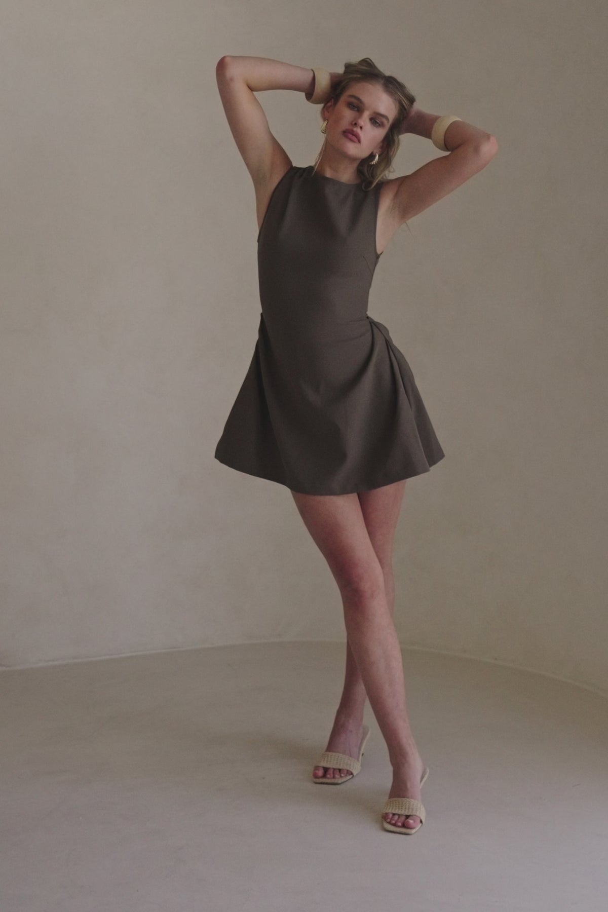 Chocolate Brown Gathered Mini Camellia Dress
