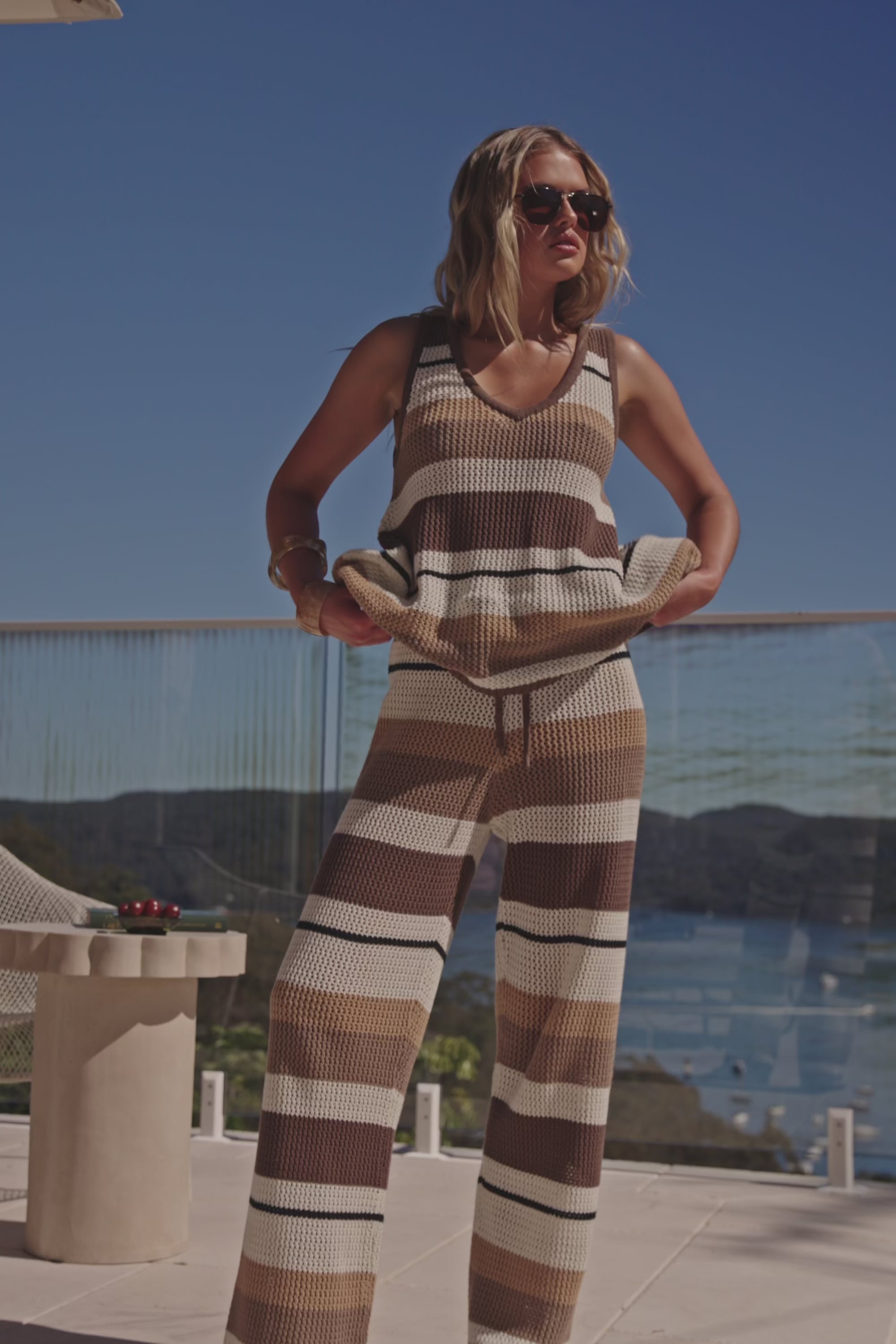 Tan Brown and Cream Stripe V Neck Lana Top