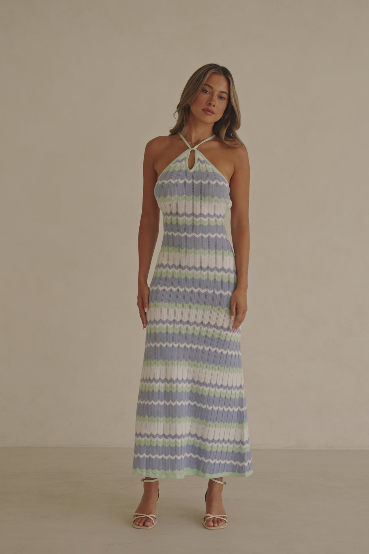 White Blue and Green Stripe Knit Halter Maxi Bexley Dress