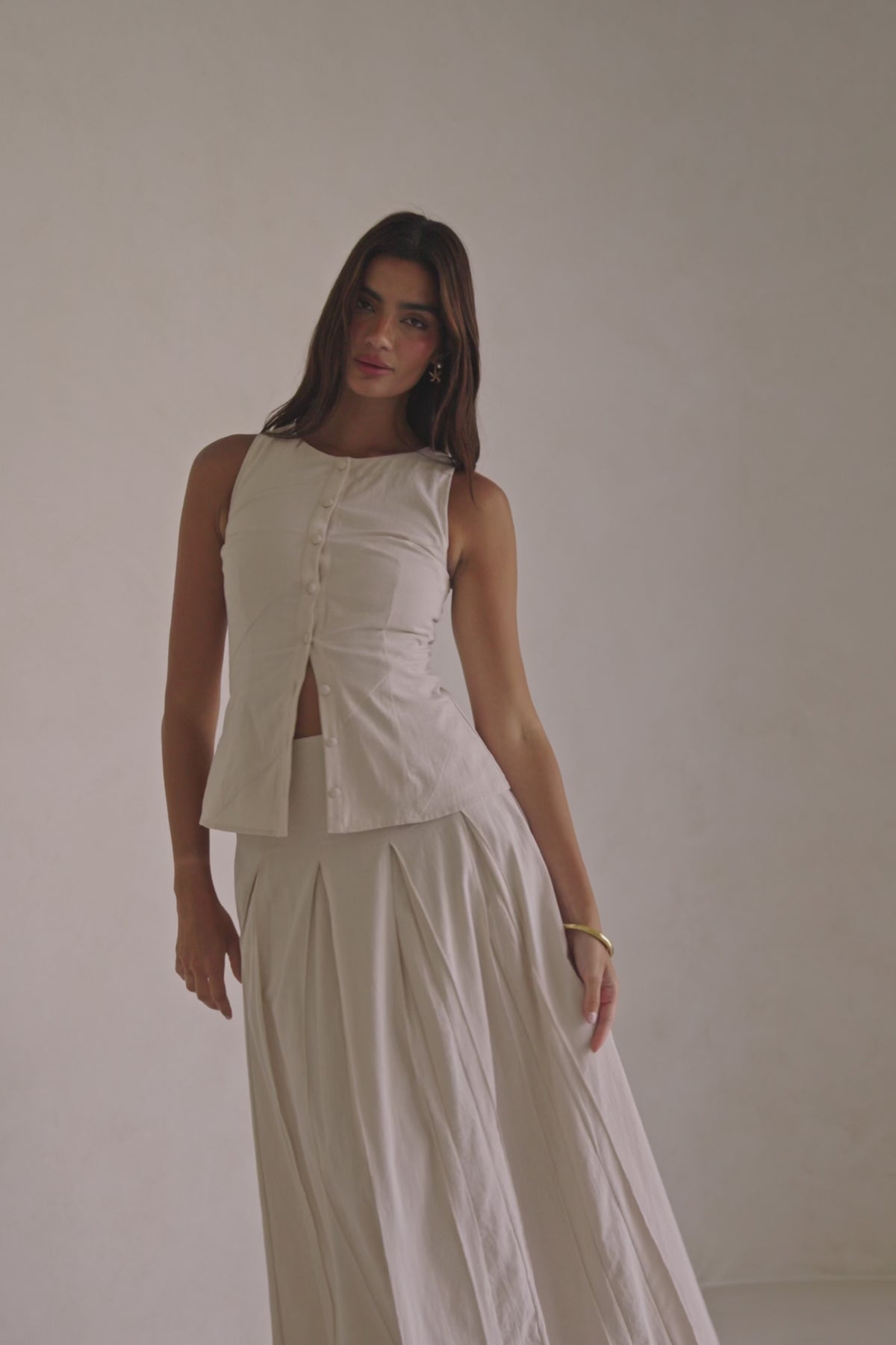 Beige Cotton A Line Pleated Maxi Adri Skirt