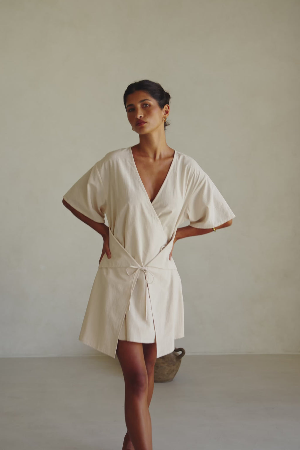 Beige Short Sleeve Wrap Mini Harper Dress