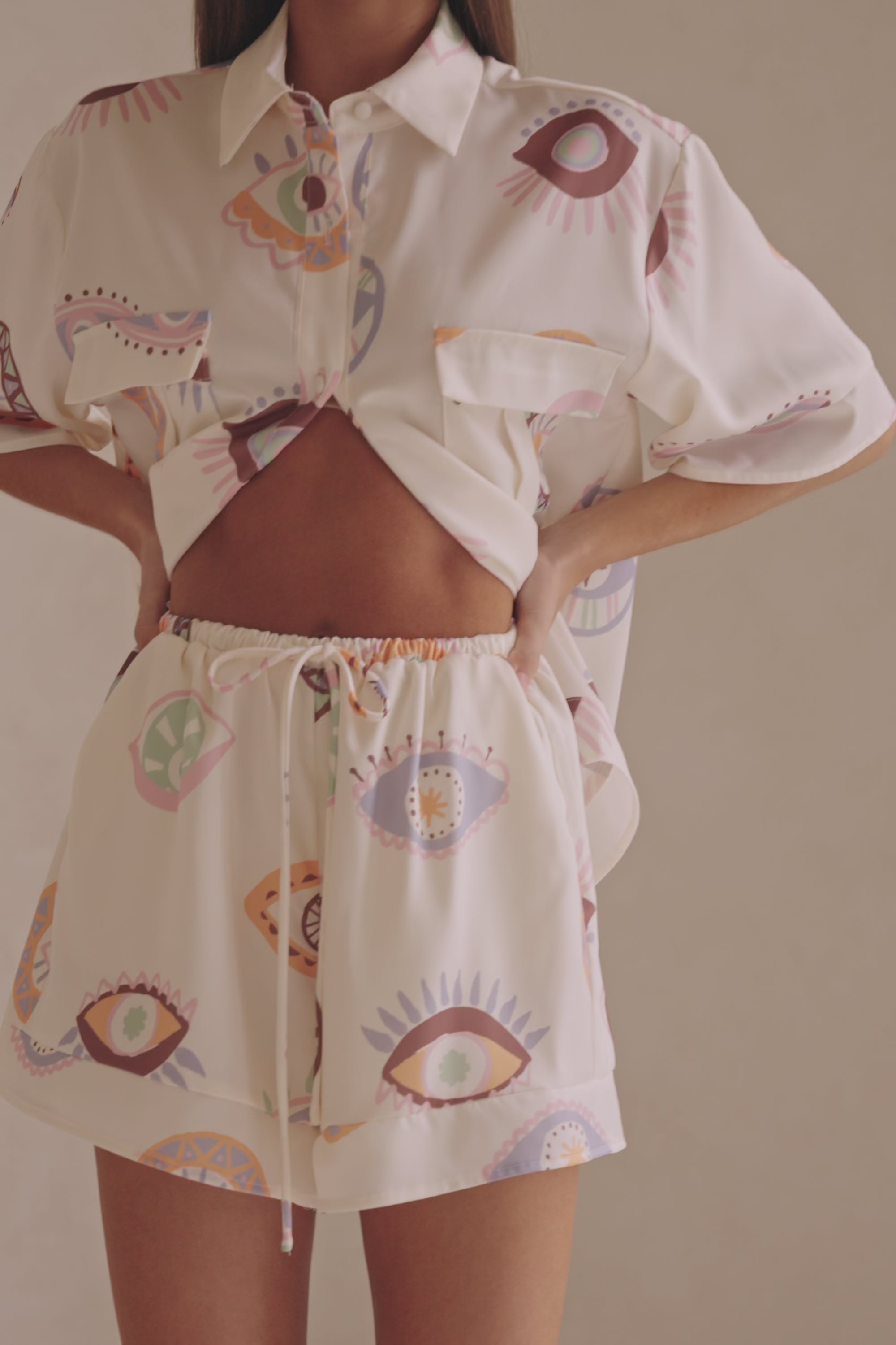 Cream Matia Print Elastic Drawstring Marika Shorts