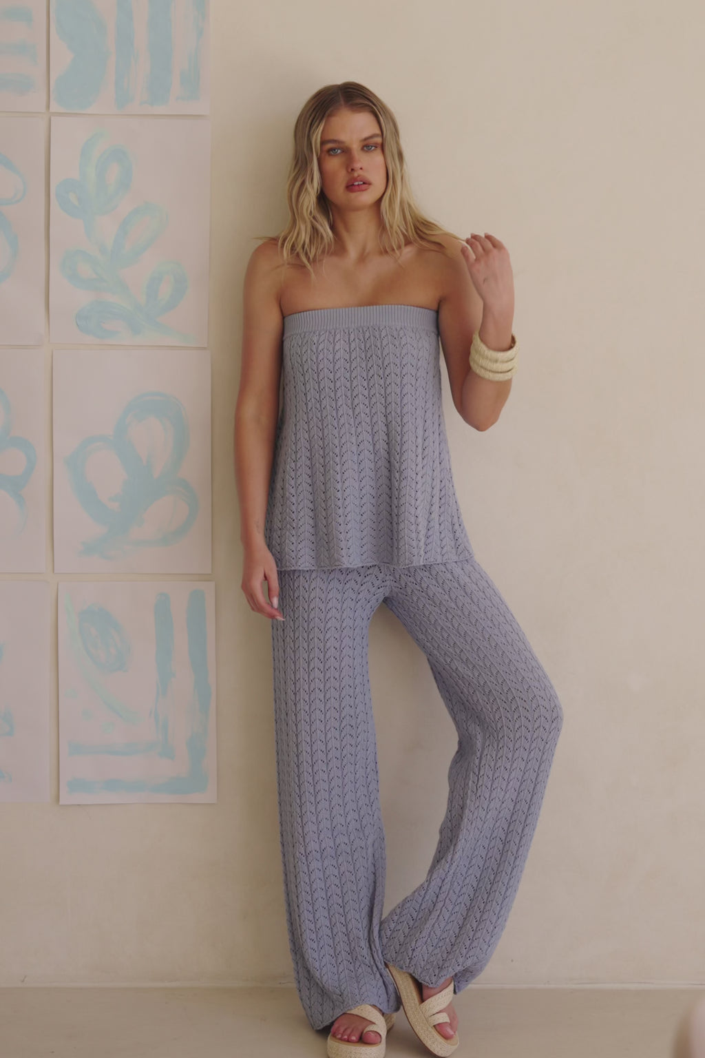 Blue Pointelle Knit Strapless Athena Top