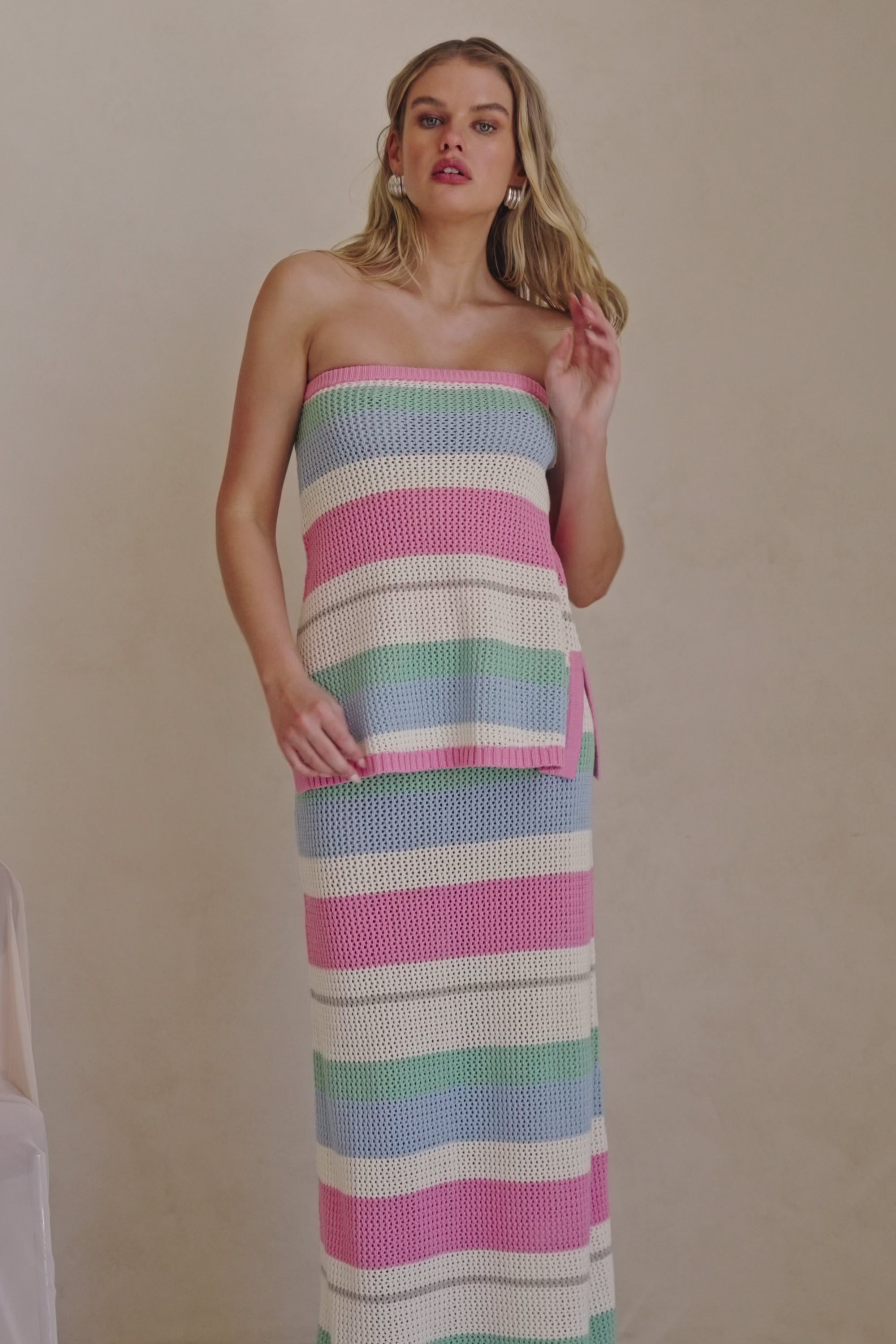 Pastel Stripe Crochet Knit Strapless Damaris Top