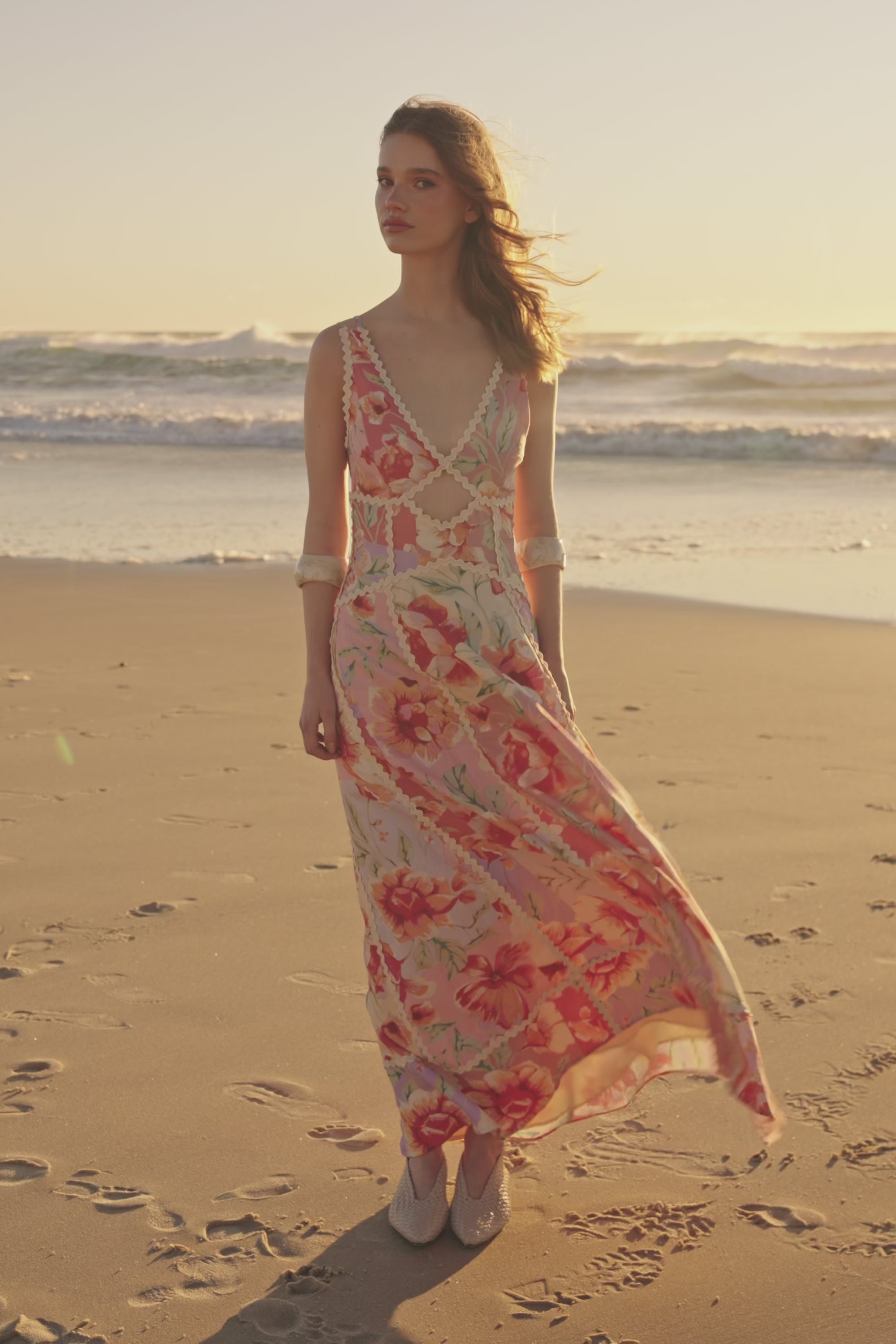 Pink Desert Rose Print V Neck Maxi Evia Dress