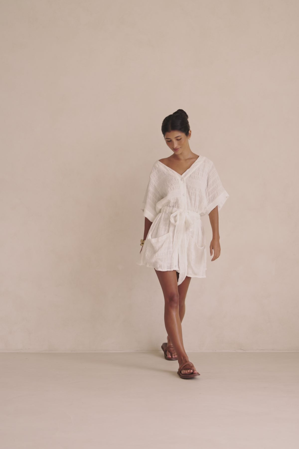 White Short Sleeve Button Mini Tarah Dress