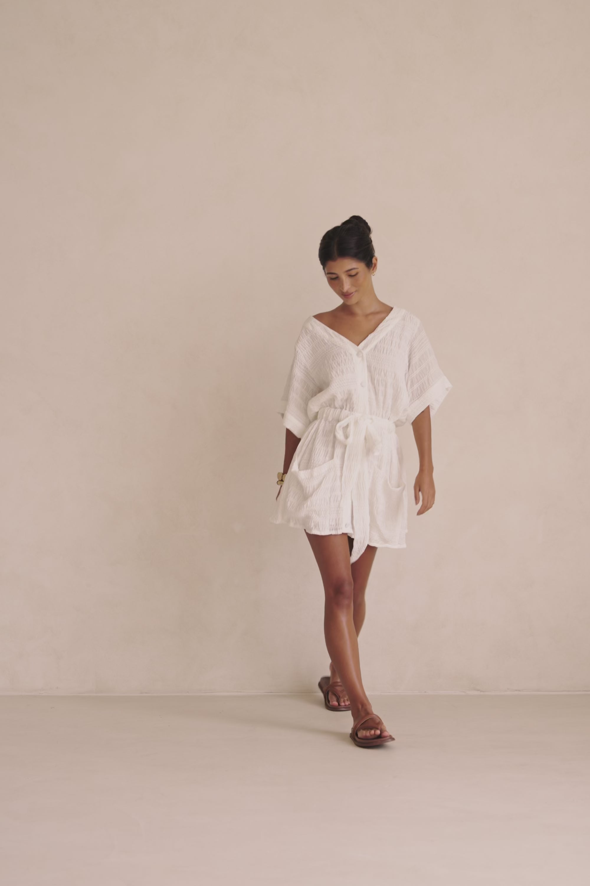 White Short Sleeve Button Mini Tarah Dress