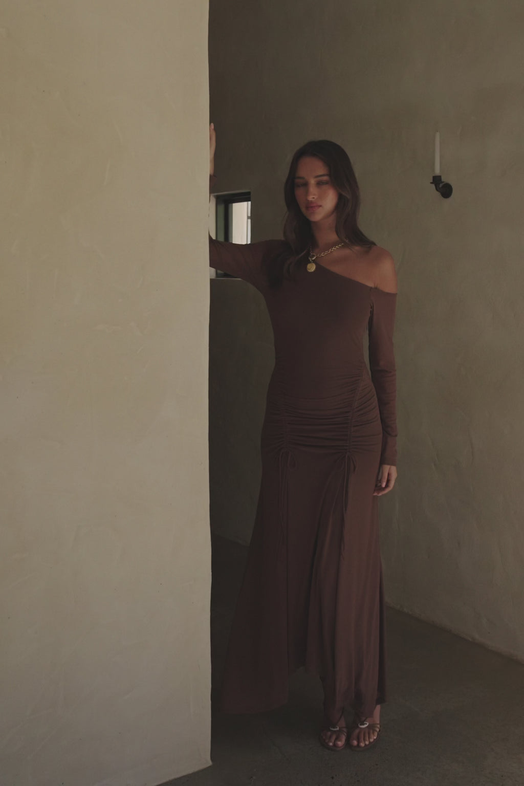 Chocolate Brown Asymmetric Draw Tie Maxi Callista Dress