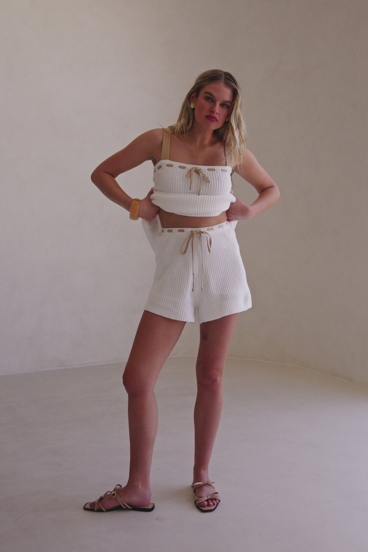 White Ribbed High Waist Tie Indigo Shorts