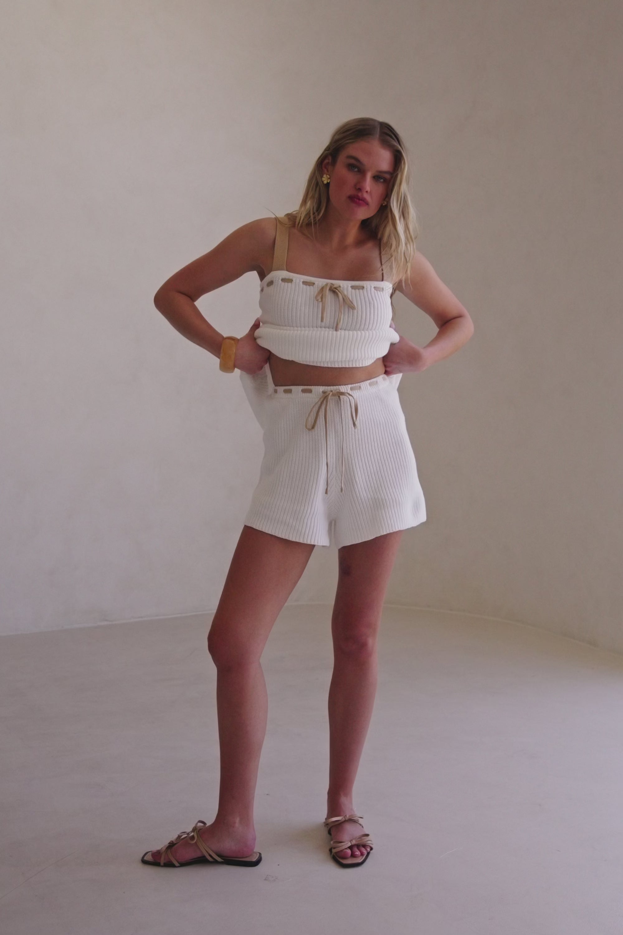 White Ribbed High Waist Tie Indigo Shorts