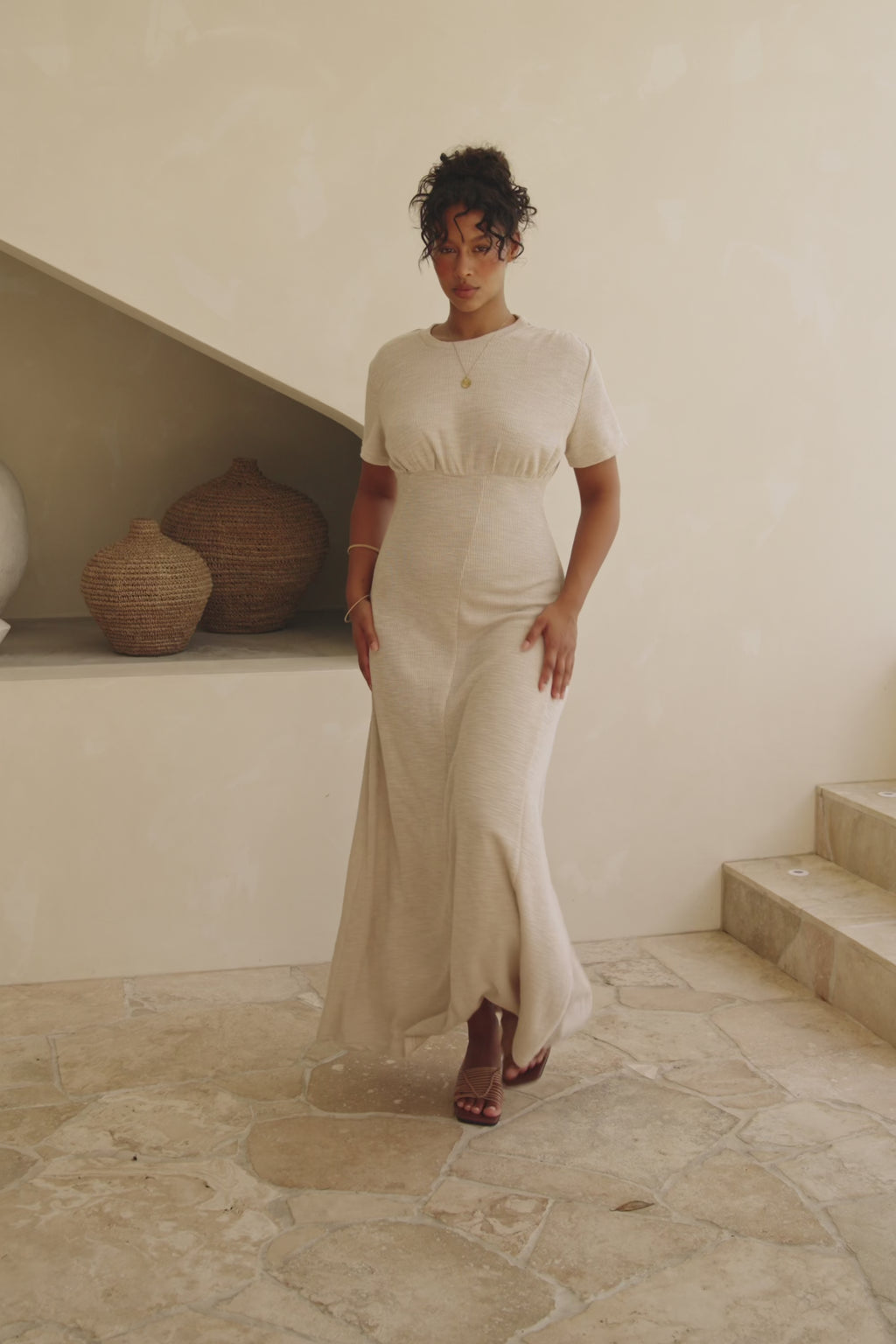 Gizelle Short Sleeve Maxi Dress - Beige
