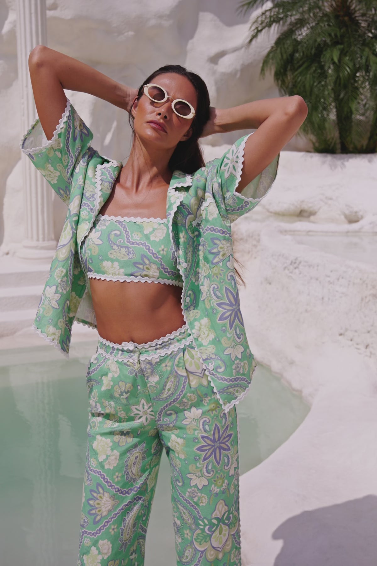 Green Floral Heritage Print Kelia Crop Top