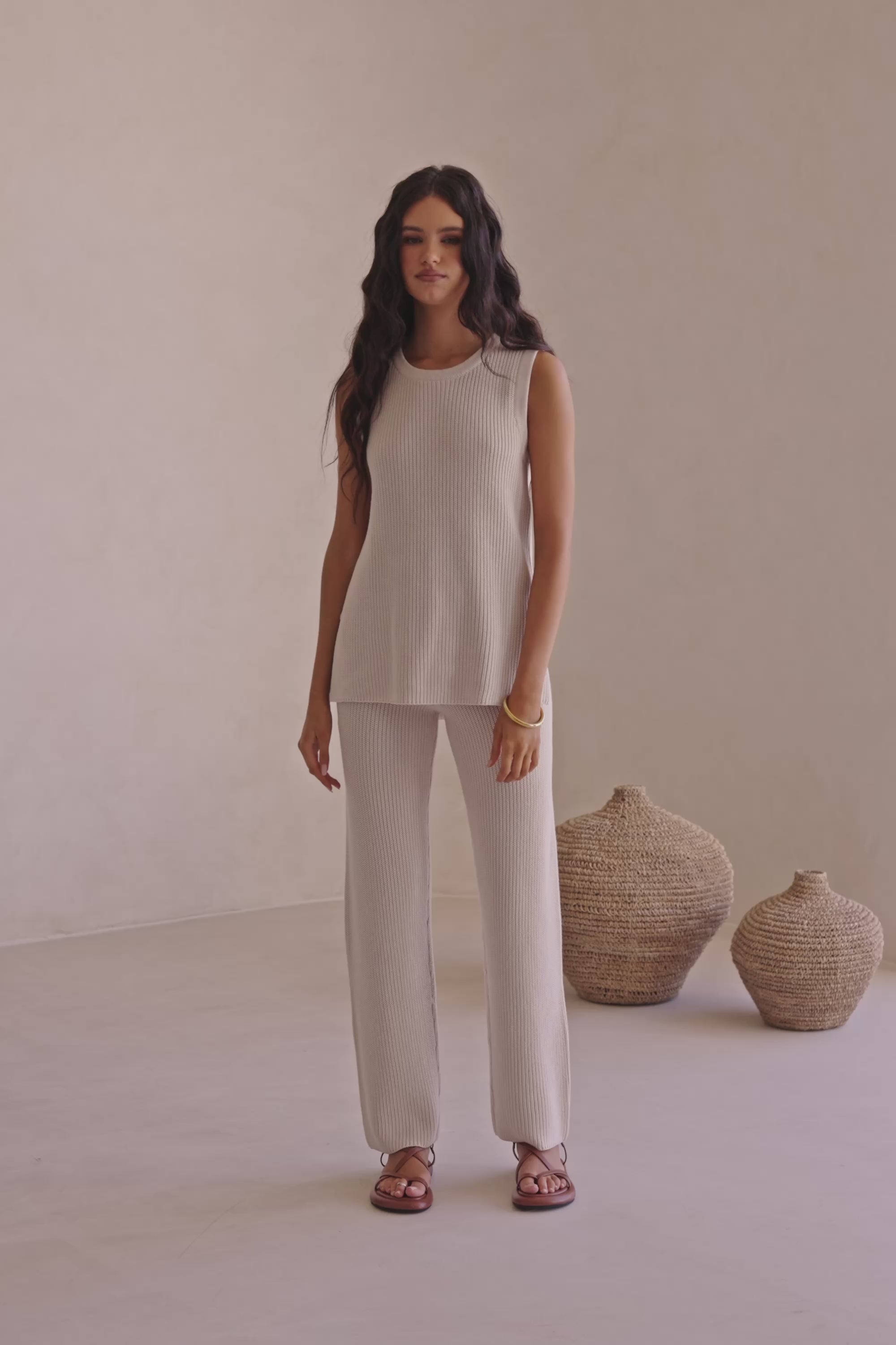 Beige Cotton Knit Round Neck Maxine Tank Top