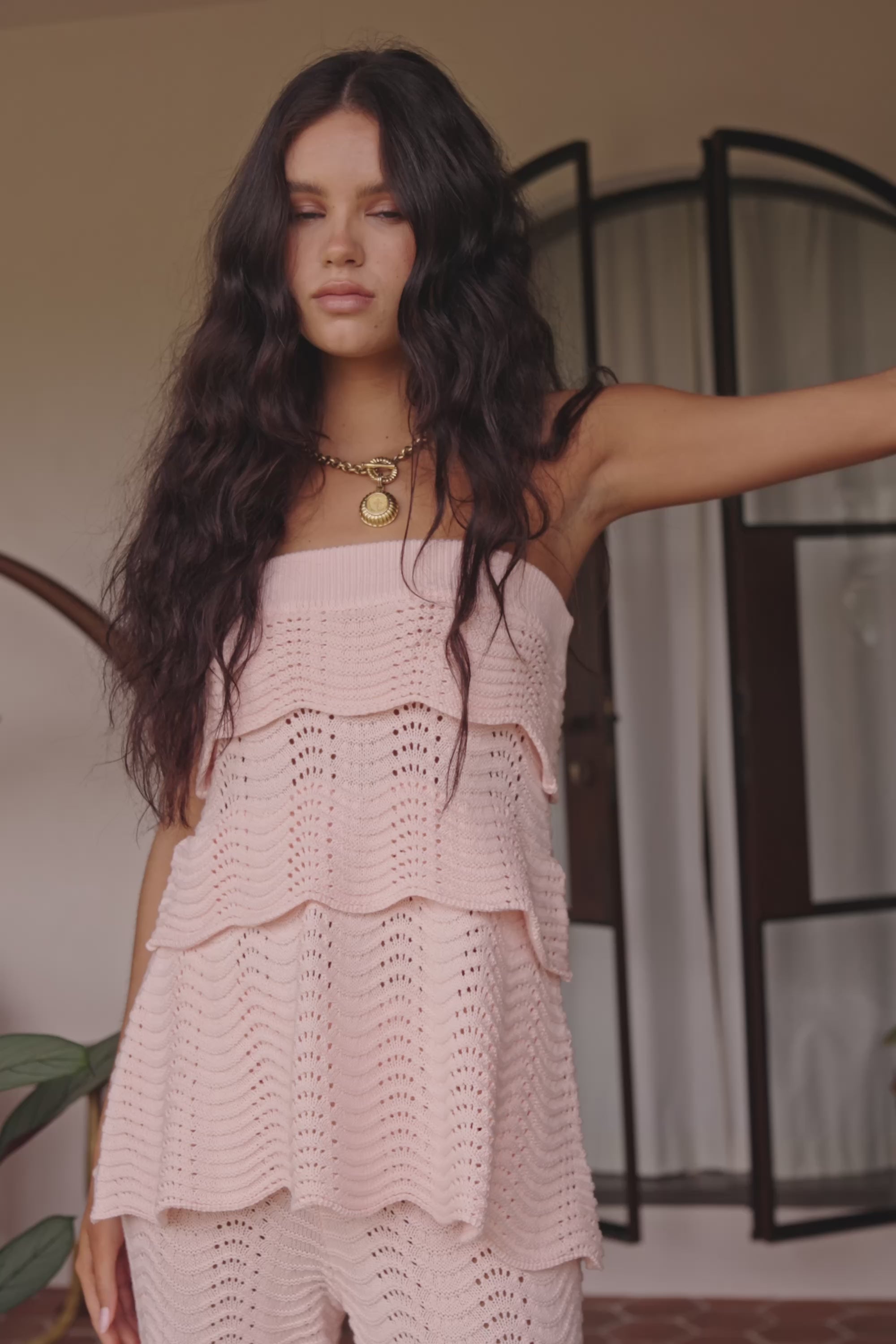 Blush Pink Crochet Knit High Waist Kama Pants