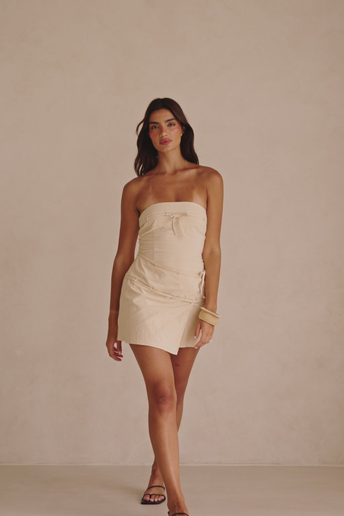 Bandera Strapless Mini Wrap Dress - Beige