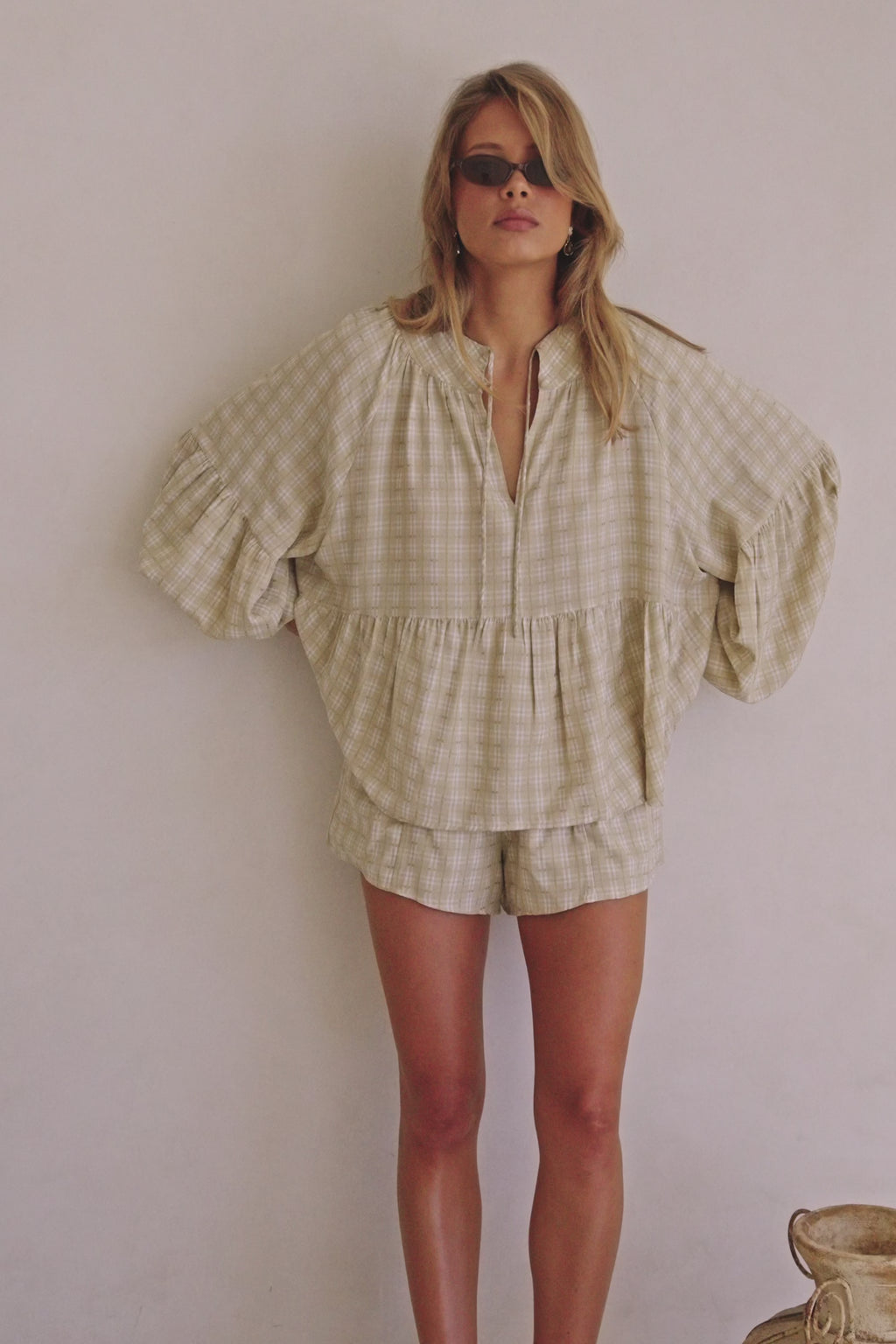 Khaki Gingham Elastic Drawstring Rylia Shorts